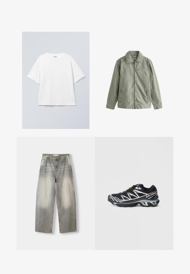 Svetlozelená bunda vyrobená z odolného bavlneného materiálu, s predným zipsom, špicatým golierom, bočnými vreckami a malým vreckom na hrudi.; Biely bavlnený tričko s okrúhlym výstrihom a krátkymi rukávmi. Uvoľnený strih bez viditeľných vzorov alebo akcentov. Hladká textúra.; Džínsy s širokým nohavím v svetlej sivej farbe. Vlastnosti zahŕňajú vybledlý vzhľad, päť vreciek a zapínanie na gombík. Materiál je mäkká denim.; Čierna bežecká obuv so striebornými akcentmi, materiál GORE-TEX, textúrovaná podrážka a farebné šnúrky. Obsahuje polstrovanú pätu pre podporu.