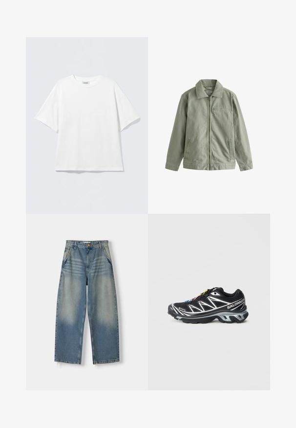 Lichtgroene jas van stevig katoenmateriaal, met een rits aan de voorkant, een puntige kraag, zijzakken en een klein borstzakje.; Wit T-shirt met korte mouwen van katoen, met een ronde hals en een losse pasvorm. Geen zichtbare patronen of accenten. Simpel ontwerp.; Lichtblauwe denim broek met wijde pijpen en een vervaagde afwerking, vijf zakken ontwerp en een ruwe zoom. Voorzien van een knoop- en ritssluiting aan de voorkant.; Zwart hardloopschoen met zilveren accenten, GORE-TEX materiaal, gestructureerde zool en kleurrijke veters. Voorzien van een gevoerde hak voor ondersteuning.