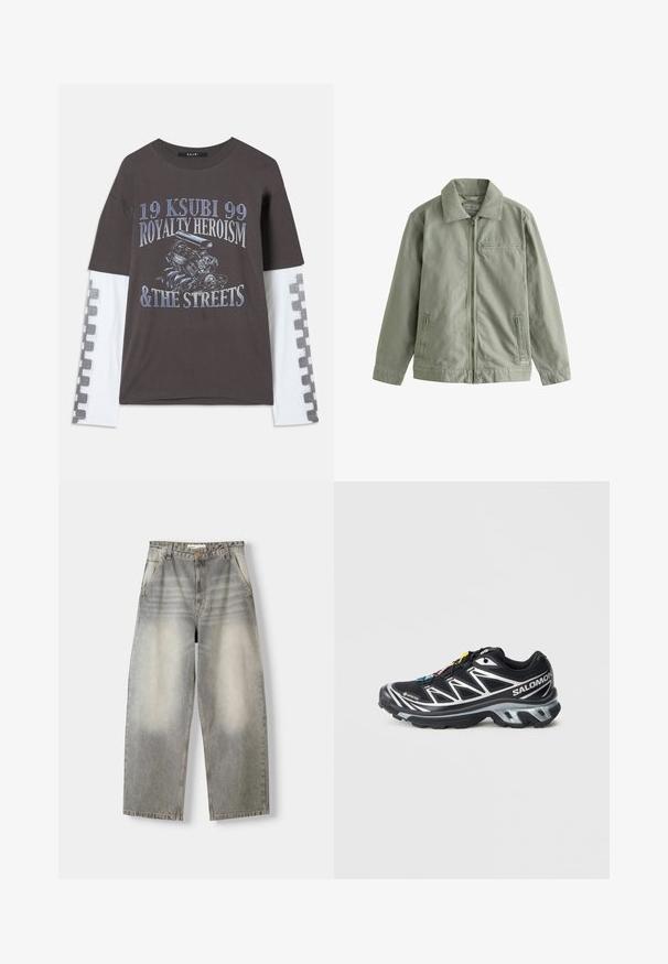 Lichtgroene jas van stevig katoenmateriaal, met een rits aan de voorkant, een puntige kraag, zijzakken en een klein borstzakje.; Donkergrijs t-shirt met lange witte mouwen, voorzien van een grafische print van een motor en tekst in het blauw. Geruite patroon langs de mouwen.; Brede jeans in een lichtgrijze wassing. Bevat een vervaagde afwerking, vijf zakken en een knoopsluiting. Materiaal is zachte denim.; Zwart hardloopschoen met zilveren accenten, GORE-TEX materiaal, gestructureerde zool en kleurrijke veters. Voorzien van een gevoerde hak voor ondersteuning.