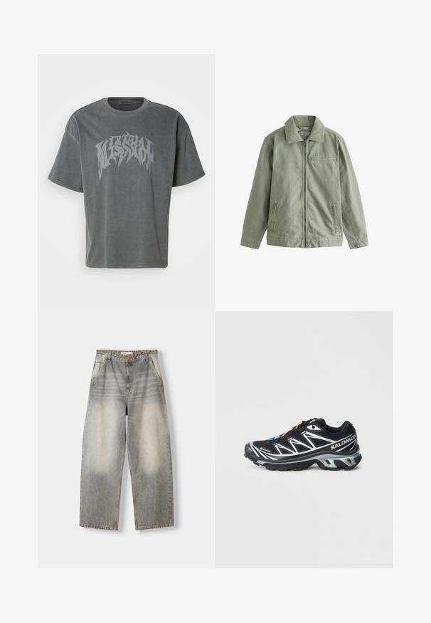 Lys grøn jakke lavet af robust bomulds materiale, med lynlås foran, spidse kraver, sidelommer og en lille brystlomme.; Grå oversized t-shirt lavet af blød bomuld med en dristig, struktureret grafisk print i mørkere grå på fronten og korte ærmer.; Bredde ben jeans i en lysegrå vask. Har en falmet finish, fem lommer og en knaplukning. Materialet er blødt denim.; Sort løbesko med sølv detaljer, GORE-TEX materiale, tekstureret sål og farverige snørebånd. Har en polstret hæl for støtte.