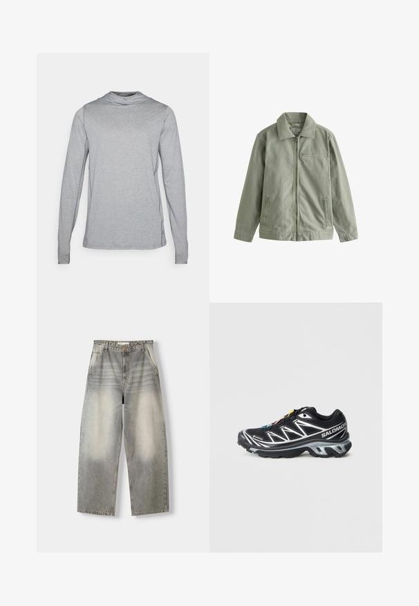 Ljusgrön jacka i kraftigt bomullsmaterial, med dragkedja framtill, spetsig krage, sidofickor och en liten bröstficka.; Långärmad grå topp i lätt och mjukt material. Har en hög halsringning och subtil logotypdetalj på sidan.; Breda jeans i en ljusgrå tvätt. Har en urtvättad finish, fem fickor och knappstängning. Materialet är mjuk denim.; Svart löparsko med silverdetaljer, GORE-TEX-material, texturerad sula och färgglada snören. Har en vadderad häl för stöd.