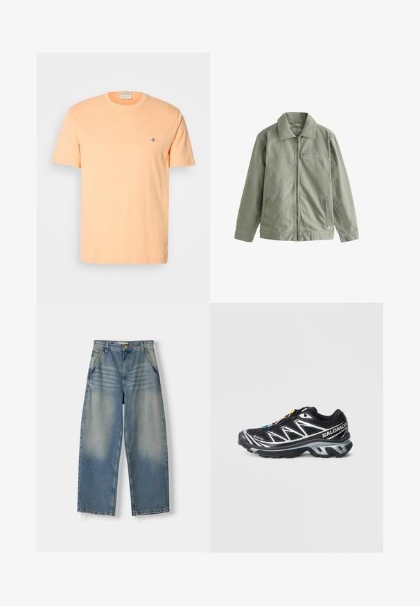 Svetlozelená bunda vyrobená z odolného bavlneného materiálu, s predným zipsom, špicatým golierom, bočnými vreckami a malým vreckom na hrudi.; Tričko s krátkym rukávom v svetle broskyňovej bavne, so malým modrým logom na hrudi. Okrúhly výstrih s hladkým povrchom.; Svetlomodré denimové široké nohavice s vyblednutým povrchom, päťvreckovým dizajnom a surovým lemom. Obsahuje predné zapínanie na gombík a zips.; Čierna bežecká obuv so striebornými akcentmi, materiál GORE-TEX, textúrovaná podrážka a farebné šnúrky. Obsahuje polstrovanú pätu pre podporu.