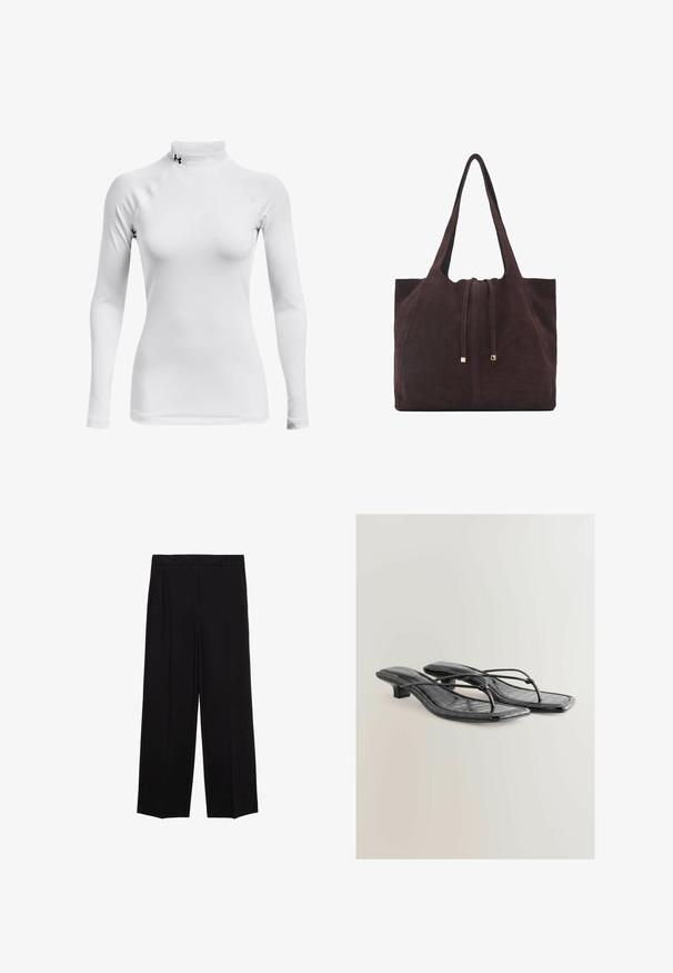 Grau Blazer aus glattem Stoff, mit einem Reverskragen, einem einzelnen Knopfverschluss, zwei vorderen Taschen und einem weichen Innenfutter.; Langärmliges, weißes Sportshirt mit hohem Kragen, aus glattem, dehnbarem Stoff; verfügt über Raglanärmel und ein kleines schwarzes Logo.; Schwarze weit geschnittene Hosen aus glattem Stoff, mit Falten an der Vorderseite und seitlichen Taschen, entworfen in einem geraden, lässigen Schnitt.; Schwarze lackierte Kunstleder-Absatzsandalen mit quadratischer Zehenpartie, dünnen Riemen und Krokodilstruktur. Design mit niedrigem Blockabsatz.; Mango Shopping Bag - dark brown