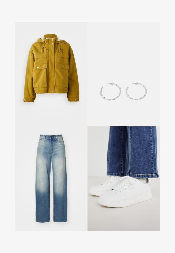 Casaco amarelo com capuz, feito de tecido resistente. Apresenta dois grandes bolsos frontais, cordões e fechos de pressão. Forro interior suave.; Suéter branco de gola alta em malha trançada, com uma silhueta cropped, apresentando punhos e bainha canelados. Textura suave com um design confortável e volumoso.; Jeans de perna larga azul claro com cintura alta, feitos de denim, apresentando um degradê desbotado, cinco bolsos e detalhes em metal.; Ténis brancos em pele com biqueira redonda, sola plana e atacadores. Logótipo "Levi's" em cinza claro na lateral. Usados com calças de ganga largas azuis.; Brincos de argola prateados com um design torcido, apresentando um acabamento polido e fecho tipo post. Medem aproximadamente 3 cm de diâmetro.