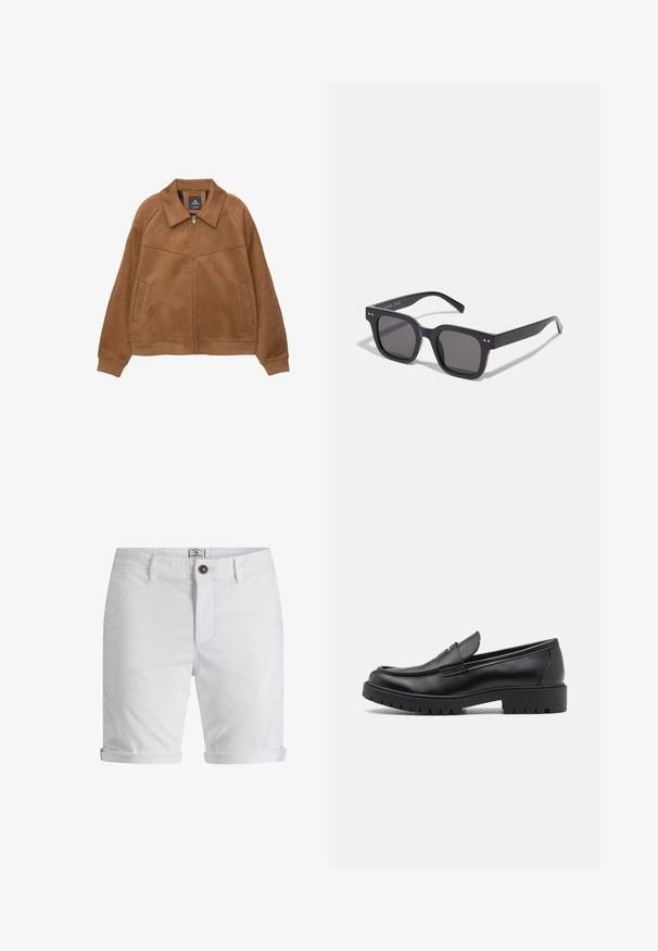Braune Kunstsuede-Jacke mit Reißverschluss, weitem Kragen, zwei vorderen Taschen und gerippten Bündchen. Sie zeichnet sich durch eine glatte, matte Textur und klare Linien aus.; Cremefarbener Baumwollmix-Pullover mit geripptem Rundhalsausschnitt, überschnittenen Schultern und gerippten Bündchen und Saum. Weiche Textur mit legerem Schnitt.; Weiße Baumwollshorts mit umgeschlagenem Saum, ausgestattet mit einem Knopfverschluss, vorderen Taschen und einem strukturierten Stoff. Standardpassform-Design.; Schwarze Lederloafers mit runder Zehenform, eleganter Schlupfdesign und dicker Gummisohle mit strukturiertem Griff. Erhöhter Absatz und dezente Nähdetails.; Schwarze rechteckige Sonnenbrillen mit dunklen Gläsern, die einen dicken Rahmen, subtile Akzente an den Seiten und keine sichtbaren Logos außer dem Markennamen aufweisen.; Carhartt WIP GRAPHIC TOTE UNISEX - Shopping Bag - salt