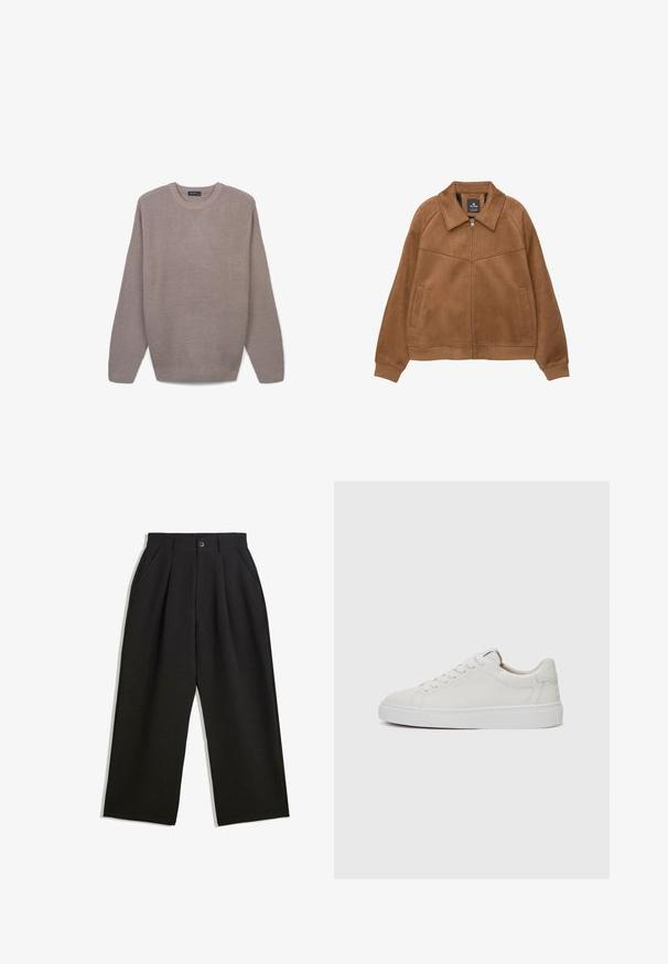 Giacca zip-up in finta suede marrone con ampio colletto, due tasche frontali e polsini a coste. Presenta una texture liscia e opaca con linee pulite.; Maglione grigio lavorato a maglia con un motivo testurizzato, collo a giro, maniche lunghe e polsini e orlo a costine. Tessuto leggero, vestibilità casual.; Pantaloni neri con una vestibilità comoda, caratterizzati da pieghe frontali, tasche laterali e chiusura con bottone. Realizzati in tessuto testurizzato.; Sneakers bianchi in pelle, modello low-top, con punta rotonda, suola piatta in gomma bianca e dettagli di cucitura minimalista. Lacci fissati attraverso sei occhielli.