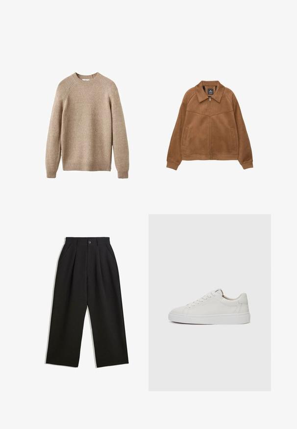 Rjava umetna suknja z zadrgo in širokim ovratnikom, dvema sprednjima žepoma ter rebrastimi manšetami. Ima gladko mat teksturo in čiste linije.; Bež pulover iz pletene preje s krojnim ovratnikom, rebrastimi manžetami in robom. Ima teksturirano površino in raglan rokave. Klasičen kroj.; Črne hlače z sproščenim krojem, z naborki spredaj, stranskimi žepi in gumbom za zapiranje. Narejene so iz strukturirane tkanine.; Bele usnjene superge z nizkim zgornjim delom, okroglo konico, ravnim belim gumijastim podplatom in minimalističnimi šivi. Šnure so pritrjene skozi šest lukenj.