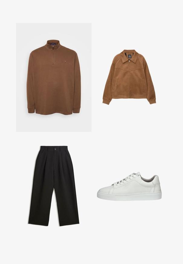 Brown faux suede zip-up jacket with a wide collar, two front pockets, and ribbed cuffs. Features a smooth, matte texture and clean lines.; Brown long-sleeve polo with a high collar, featuring a quarter zipper. Soft texture with a small logo accent on the chest.; Black trousers with a relaxed fit, featuring pleats at the front, side pockets, and a button closure. Made from textured fabric.; White leather sneaker with round toe, lace-up design, padded collar, textured rubber sole, and embossed logo detail on the side.