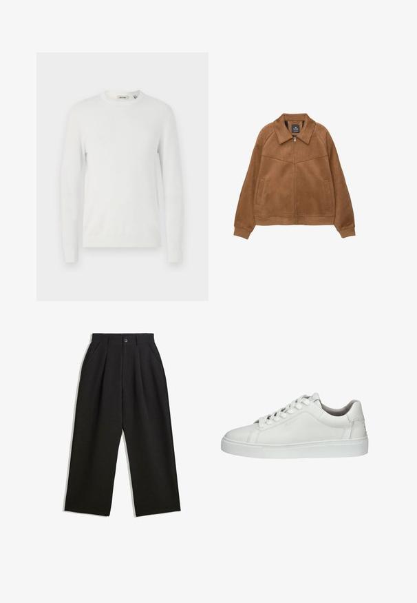 Braune Kunstsuede-Jacke mit Reißverschluss, weitem Kragen, zwei vorderen Taschen und gerippten Bündchen. Sie zeichnet sich durch eine glatte, matte Textur und klare Linien aus.; Only & Sons ONSALEX CREW NECK - Strickpullover - egret; Schwarze Hose mit lockerem Schnitt, mit Falten an der Vorderseite, Seitentaschen und einem Knopfverschluss. Hergestellt aus strukturiertem Stoff.; Weiße Leder-Sneaker mit runder Zehenkappe, Schnürdesign, gepolstertem Kragen, strukturiertem Gummisohle und geprägtem Logo-Detail an der Seite.