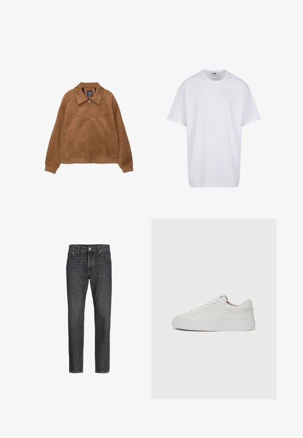 Ruskea keinonahkainen vetoketjullinen takki, jossa on leveä kaulus, kaksi etutaskua ja ribbaatut hihansuut. Takissa on sileä, matta pinta ja selkeät linjat.; Valkoinen puuvillainen t-paita, jossa on lyhyet hihat, pyöreä kaula-aukko, rento istuvuus ja ei näkyviä logoja tai kuvioita. Sileä pinta ja minimaalinen muotoilu.; Mustat farkut suoranlahkeisella leikkauksella, joissa on viisi taskua, edessä nappi ja vetoketjukiinnitys sekä hienovaraisia ompelutietoja.; Valkoiset nahkaiset matalakärkiset lenkkarit, joissa on pyöreä kärki, litteä valkoinen kumipohja ja minimalistinen ommel yksityiskohtana. Nauhat on kiinnitetty kuuden silmukan läpi.