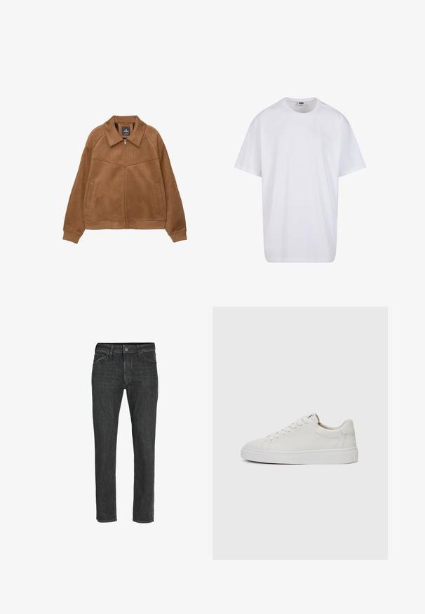 Rjava umetna suknja z zadrgo in širokim ovratnikom, dvema sprednjima žepoma ter rebrastimi manšetami. Ima gladko mat teksturo in čiste linije.; Bela bombažna majica s kratkimi rokavi, okroglim izrezom, sproščenim krojem in brez vidnih logotipov ali vzorcev. Gladka tekstura in minimalen dizajn.; Črne kavbojke iz jeansa s ravnim krojem, ki vključujejo klasičen pet-žepni dizajn, sprednje zapiranje na gumb in subtilno zbledelo teksturo.; Bele usnjene superge z nizkim zgornjim delom, okroglo konico, ravnim belim gumijastim podplatom in minimalističnimi šivi. Šnure so pritrjene skozi šest lukenj.