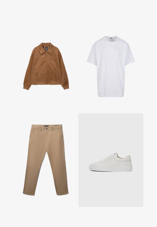 Giacca zip-up in finta suede marrone con ampio colletto, due tasche frontali e polsini a coste. Presenta una texture liscia e opaca con linee pulite.; Maglietta bianca in cotone con maniche corte, scollatura rotonda, vestibilità comoda e senza loghi o motivi visibili. Texture liscia e design minimale.; Pantaloni leggeri beige con una texture liscia, gambe dritte, tasche anteriori e chiusura con bottone. Presentano un'etichetta del marchio discreta sopra la vita.; Sneakers bianchi in pelle, modello low-top, con punta rotonda, suola piatta in gomma bianca e dettagli di cucitura minimalista. Lacci fissati attraverso sei occhielli.