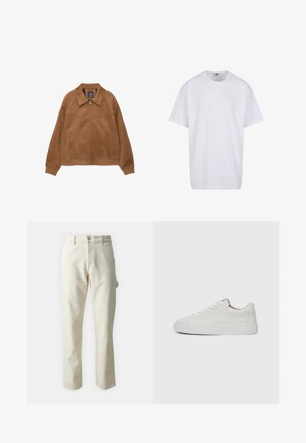Barna műsuéd dzseki, széles gallérral, két elülső zsebbel és bordás mandzsettákkal. Simább, matt textúrával és letisztult vonalakkal rendelkezik.; Fehér pamut póló rövid ujjal, kerek nyakú, laza szabású, és nincsenek látható logók vagy minták. Simább textúra és minimalista dizájn.; Puha textúrájú, bézs színű, egyenes lábú pamut nadrág, elöl gombos záródással és oldalsó zsebekkel.; Fehér bőr, alacsony szárú sportcipő kerek orral, lapos fehér gumitalppal és minimalista varrási részletekkel. A fűzők hat szemre fűzve.