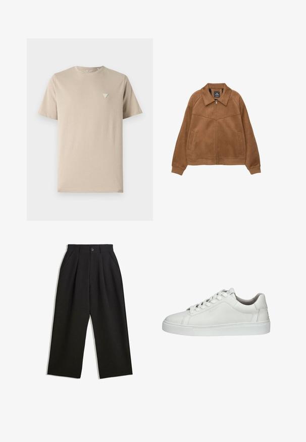 Bruine faux-suède jack met rits en een brede kraag, twee voorzakken en geribbelde manchetten. Heeft een gladde, matte textuur en strakke lijnen.; Beige katoenen t-shirt met korte mouwen, ronde halslijn en een klein driehoekig logo geborduurd op de linkerkant van de borst. Euroopvlakte.; Zwarte broeken met een relaxte pasvorm, voorzien van plooien aan de voorzijde, zijzakken en een knoopsluiting. Gemaakt van textiel met structuur.; Witte leren sneaker met ronde neus, vetersluiting, gepolsterde kraag, geprofileerde rubberen zool en reliëf logo detail aan de zijkant.