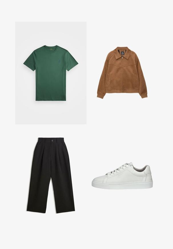 Brązowa kurtka z sztucznego zamszu zapinana na zamek błyskawiczny z szerokim kołnierzem, dwoma przednimi kieszeniami i ściągaczami przy mankietach. Cechuje się gładką, matową fakturą i prostymi liniami.; Zielona bawełniana koszulka z okrągłym dekoltem. Posiada krótkie rękawy i małe niebieskie logo po lewej stronie klatki piersiowej. Gładka struktura, klasyczny krój.; Czarne spodnie o luźnym kroju, z zakładkami z przodu, kieszeniami po bokach i zapięciem na guzik. Wykonane z fakturowanej tkaniny.; Białe skórzane sneakersy z okrągłym noskiem, sznurowanym zapięciem, wyściełanym kołnierzem, teksturowaną gumową podeszwą oraz wytłoczonym logo z boku.