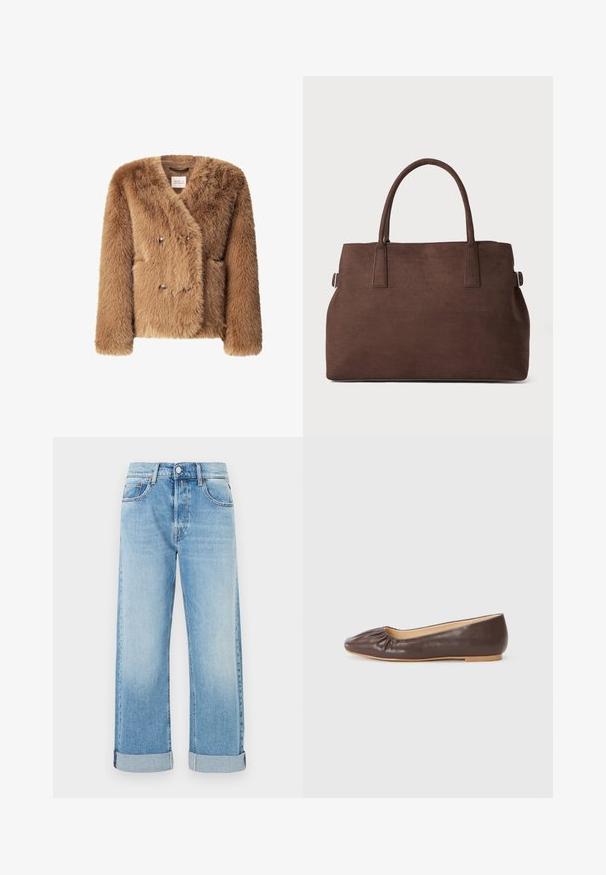 Rjava umetna krznena jakna z dvojnim zapenjanjem, srebrnimi gumbi in stranskimi žepi. Ima teksturirano, mehko površino.; T-maica kratkih rukavov, svetle bež barve, z okroglo izrezano vrvico ter kontrastnim črnim robom okoli izreza in rokavov, predstavljena raven.; Svijetloplave traperice ravnog kroja, s pet džepova, kopčanjem na dugme i zavrnutim rubovima.; Rjavi usnjeni baletni čeveljčki z zaobljenim prstom, z nabranim detajlom spredaj in ravnim, svetlim podplatom.; Rjava tote torba iz umetnega usnja z dvema trdnima ročajema, strukturirano obliko in minimalističnim dizajnom, ki vsebuje subtilne šive.