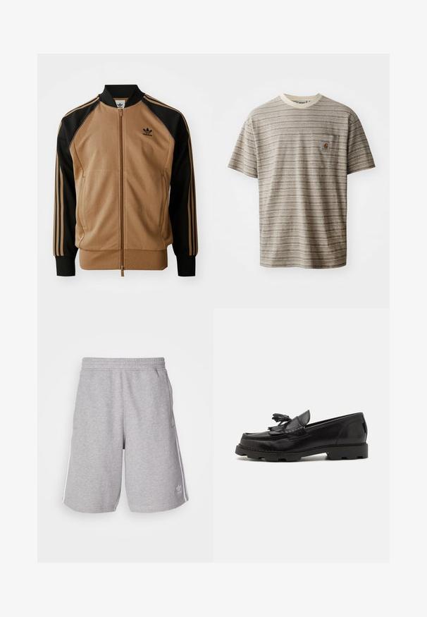 Brown and black zip-up bomber jacket featuring a smooth texture, ribbed cuffs, and three black stripes down the sleeves. Logo on chest.; Short-sleeve striped t-shirt in beige and brown, featuring a crew neckline and a chest pocket with a logo patch. Textured fabric.; Grey athletic shorts made of cotton blend fabric. Features side pockets, elastic waistband, and white side stripes. Classic design.; Black leather loafer with a moccasin design, featuring a decorative fringe and tassel, textured surface, and chunky rubber sole.