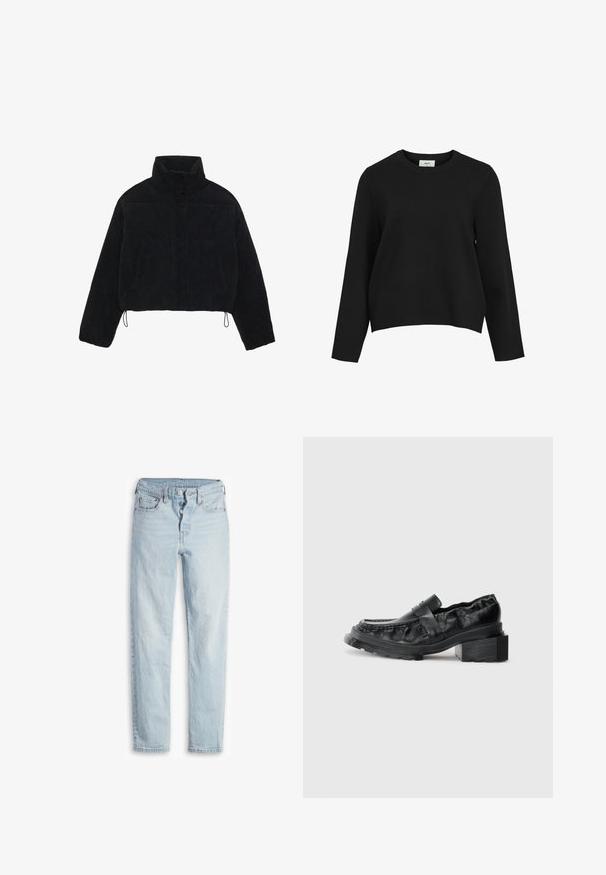 Juodas smailias trumpoji džinsinė striukė su aukštu apykakle, spaudėmis ir dviem šoninėmis kišenėmis. Yra reguliuojama virvutė prie hem.; Juodas megztinis su apvaliu kaklu, ilgomis rankovėmis ir laisvu siluetu. Lygi tekstūra be matomų raštų ar akcentų.; Šviesiai mėlynos džinsinės kelnių su aukštu liemeniu, penkių kišenių dizainu, mygtukų užsegimu ir tiesiu sijonu. Savybėse yra apčiuopiamas blukimas ir tekstūruotas paviršius.; Juodos odinės loafer bateliai su struktūrizuotu padu, turintys šiek tiek pakeltą bloko kulną ir tekstūruotą viršutinę dalį, užsegamus priekiniais dirželiais.