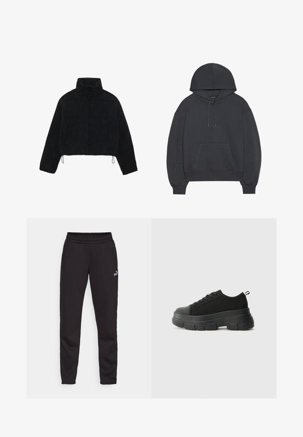 Schwarze Cordjacke mit Cropped-Schnitt, hohem Kragen, Druckknöpfen und zwei Seitentaschen. Verfügt über einen verstellbaren Kordelzug am Saum.; Dunkelgrauer Kapuzenpullover mit Kängurutasche, gerippten Bündchen und Saum. Aus weichem Stoff gefertigt mit sichtbaren Nähten.; Schwarze Jogginghose mit geripptem Bund, tailliertem Bein-Design und kleinem weißen Puma-Logo auf der Vorderseite. Hergestellt aus einem weichen Material.; Schwarze Sneakers mit einer dicken Gummisohle, strukturiertem Obermaterial, runder Zehenpartie und Schnürdesign. Verfügt über verstärkte Ösen und eine Schlaufe an der Rückseite.