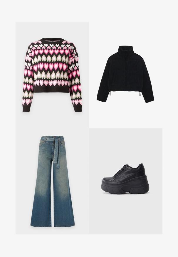 Schwarze Cordjacke mit Cropped-Schnitt, hohem Kragen, Druckknöpfen und zwei Seitentaschen. Verfügt über einen verstellbaren Kordelzug am Saum.; Schwarzer, verkürzter Pullover mit einem bunten Herzmuster in Pink und Grün. Strickstruktur und gerippte Bündchen vorhanden. Runder Ausschnitt.; Weit geschnittene Denim-Hosen mit einem Farbverlauf von hellblau zu dunkelblau, hoher Taille, Gürtelschlaufen und einem passenden Stoffgürtel. Strukturierte Denim-Oberfläche.; Schwarze Schnürsneaker mit einer klobigen Sohle, ausgestattet mit einem glatten Leder-Obermaterial, runder Zehenpartie und markantem, geschichteten Plattformdesign.