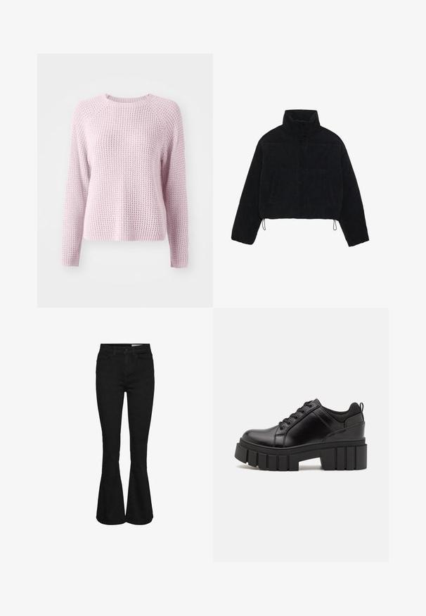 Casaco curto de veludo côr preto com colarinho alto, fechos de pressão e dois bolsos laterais. Apresenta um cordão ajustável na bainha.; Suéter de malha de cor rosa claro com um padrão texturizado semelhante a waffles. Apresenta mangas longas e um decote redondo, com um design de mangas raglan.; Jeans pretos de cintura alta com pernas evasés, fechamento frontal com botão e zipper, dois bolsos frontais e passantes para cinto.; Sapatos de plataforma em couro preto com um salto bloco robusto, bico redondo e design clássico de atacadores. Apresentam uma textura suave e detalhes mínimos.