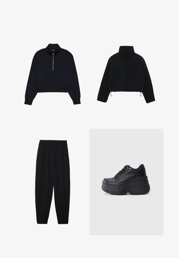 Chaqueta de pana negra cortada con un cuello alto, cierres a presión y dos bolsillos laterales. Presenta un cordón ajustable en el dobladillo.; Suéter corto negro hecho de una tela suave, con un cuello alto, un cierre frontal con un tirador plateado, y puños y dobladillo acanalados.; Pantalones negros, ligeros, con cintura elástica y tobillos fruncidos. La tela es suave y presenta un diseño relajado y ajustado.; Zapatillas negras con cordones y suela gruesa, con parte superior de cuero suave, punta redondeada y un diseño de plataforma en capas distintivo.