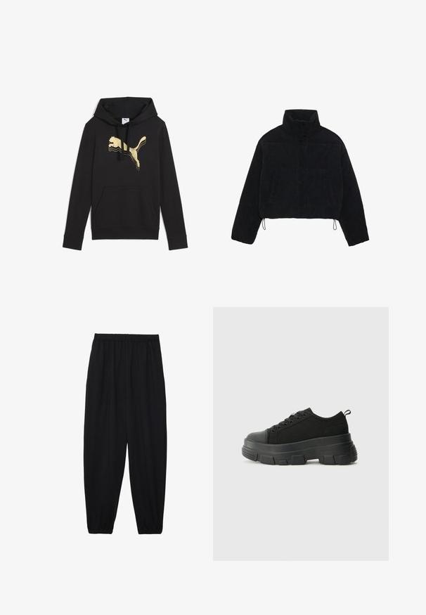Svart kordflorsjacka i cropped stil med hög krage, tryckknappar och två sidofickor. Har en justerbar dragsko i nederkant.; Svart hoodie i bomull, med en stor guld Puma-logotyp på framsidan, en framficka och en justerbar huva med dragsko.; Svarta, lätta byxor med elastisk midja och samlade ankleder. Tyget är slätt och har en avslappnad, avsmalnande design.; Svarta sneakers med en kraftig gummisula, texturerad tygöverdel, rund tå och snörning. Har förstärkta öglor och dragflik bak.
