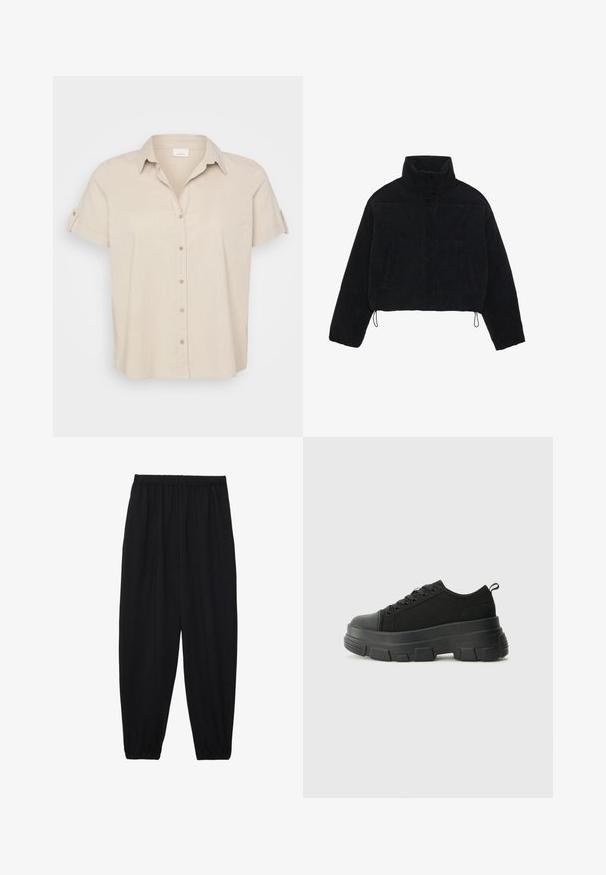 Casaco curto de veludo côr preto com colarinho alto, fechos de pressão e dois bolsos laterais. Apresenta um cordão ajustável na bainha.; Camisa bege de manga curta com colarinho pontudo, fecho frontal com botões e mangas dobradas. Fabricada em um tecido leve e texturizado.; Calças pretas, leves, com um cinto elástico e punhos franzidos. O tecido é suave e apresenta um design relaxado e afunilado.; Sneakers pretos com sola de borracha robusta, parte superior de tecido texturizado, bico redondo e design de atacadores. Apresenta ilhós reforçados e uma alça na parte posterior.