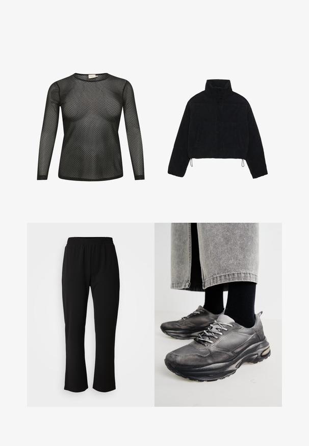 Giacca cropped in velluto a coste nera con colletto alto, bottoni a pressione e due tasche laterali. Presenta un cordino regolabile sull'orlo.; Top lungo nero a maniche lunghe realizzato in tessuto trasparente con un motivo a pois. Presenta un collo rotondo e una silhouette aderente.; ONLY Carmakoma CARLAMA STRAIGHT - Pantaloni - black; Le scarpe da ginnastica nere e grigie presentano una tomaia in rete, suole spesse e lacci. Hanno una punta arrotondata e un dettaglio di ammortizzazione visibile.