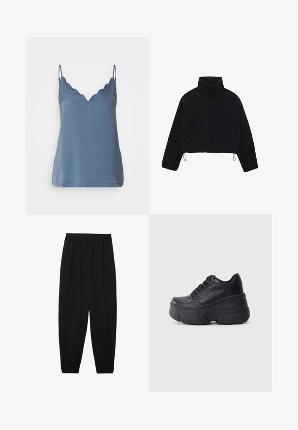 Jachetă scurtă din catifea neagră, cu guler înalt, capse și două buzunare laterale. Are un șnur ajustabil la tiv.; Top albastru fără mâneci, cu decolteu în V cu margini ondulate, realizat dintr-un material ușor, având o croială relaxată și un tiv care cade sub talie.; Pantaloni negri, ușori, cu un brâu elastic și tivuri strânse. Materialul este neted și are un design relaxat, conic.; Adidași negri cu șireturi, cu un toc gros, având partea superioară din piele netedă, vârf rotund și un design distinct de platformă stratificată.