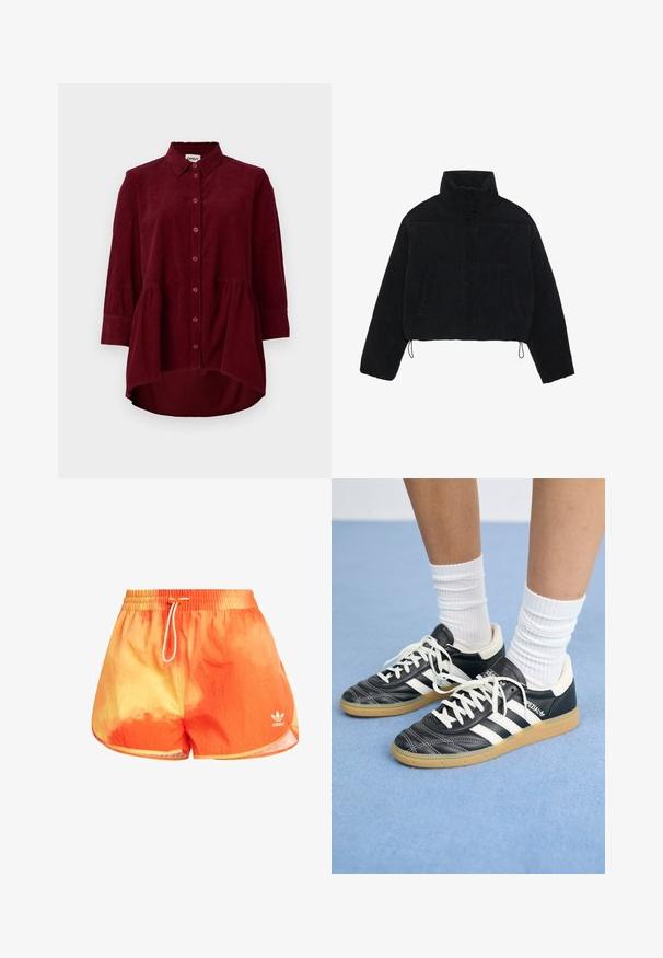 Zwarte corduroy cropped jas met een hoge kraag, drukknoopsluiting en twee zijzakken. Voorzien van een verstelbare trekkoord aan de zoom.; Bordeaux corduroy overhemd met een klassieke kraag, knoopsluiting aan de voorkant en driekwartmouwen; heeft een peplumzoom en een gestructureerde stof.; Zwemshorts met een oranje en gele gradient, voorzien van een elastische tailleband met een trekkoord, gemaakt van lichtgewicht stof. Heeft subtiele merkvermelding op het linkerpbeen.; Zwarte leren sneakers met witte strepen, ronde neus, witte veters en een gumrubberen zool. Versterkt met een gevoerd kraag en merkdetails.