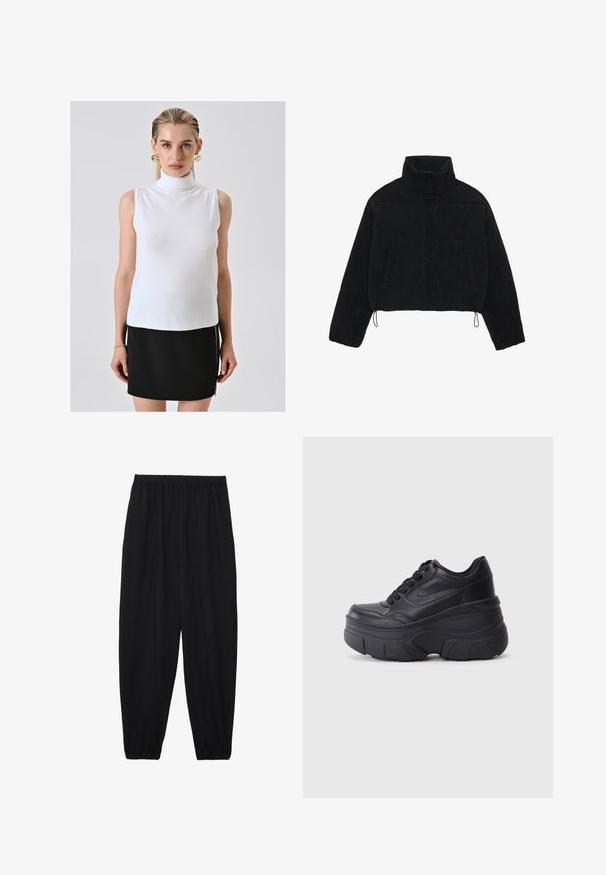 Zwarte corduroy cropped jas met een hoge kraag, drukknoopsluiting en twee zijzakken. Voorzien van een verstelbare trekkoord aan de zoom.; Blonde vrouw in een witte mouwloze coltrui, zwarte rok met zijrits en grote gouden ringoorbellen, staand tegen een effen achtergrond.; Zwarte, lichte broek met een elastische tailleband en gathered enkels. De stof is glad en heeft een ontspannen, taps toelopend ontwerp.; Zwarte vetersneakers met een dikke zool, voorzien van een bovenwerk van soepel leer, een ronde neus en een herkenbaar gelaagd platformontwerp.