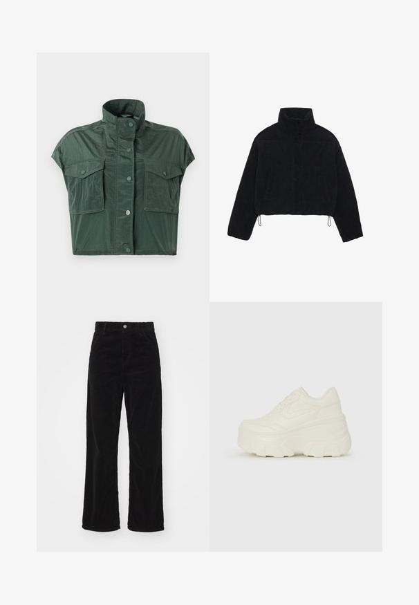 Veste cropped en velours côtelé noir avec un col haut, des boutons-pression et deux poches latérales. Dotée d'un cordon de serrage ajustable à l'ourlet.; Veste courte à manches courtes de couleur vert foncé, fabriquée dans un matériau texturé et brillant ; elle dispose de deux poches avant et d'un col montant avec fermeture à bouton.; Pantalons larges en corduroy noir avec taille haute, présentant une fermeture à bouton et fermeture éclair à l'avant, et une texture côtelée verticale sur l'ensemble.; Baskets plateformes blanches avec une tige en simili cuir lisse, une forme arrondie, un col rembourré et une semelle en caoutchouc texturé avec des crampons définis.