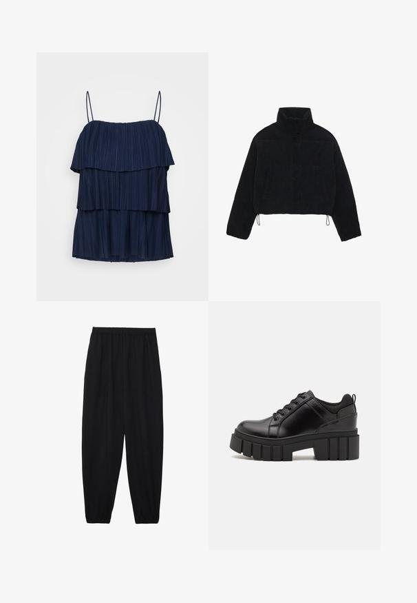 Crna krojena baršunasta jakna s visokim ovratnikom, kopčanjem na drukere i dva bočna džepa. Ima podesivu vezicu na rubu.; Tamnoplavi bezrukavni top s tri sloja nabranih volana i tankim podesivim naramenicama. Napravljen od teksturirane tkanine s vertikalnim nabora.; Crne, lagane hlače s elastičnom stražnjom pasicom i naboranim gležnjevima. Tkanina je glatka i ima opušteni, suženi dizajn.; Crne kožne platforme s debelim blok-peta, okruglim prstima i klasičnim dizajnom vezanja. Imaju gladak tekstur i minimalne detalje.