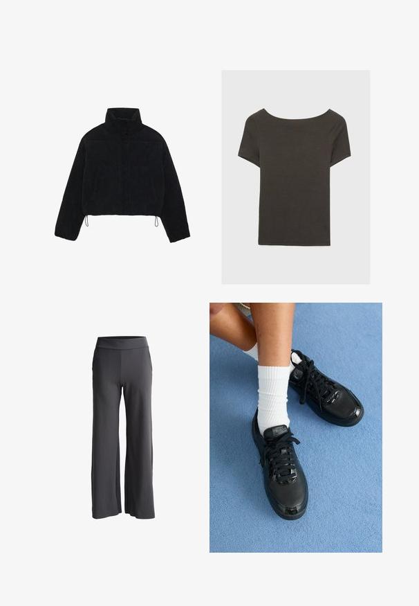 Zwarte corduroy cropped jas met een hoge kraag, drukknoopsluiting en twee zijzakken. Voorzien van een verstelbare trekkoord aan de zoom.; Donkergrijze top met korte mouwen en een bootnek. Gemaakt van ribbelstof, met een relaxte pasvorm en een nette zoom. Eenvoudig ontwerp, geen patronen.; Wijdvallende broek van donkergrijze stof met een zachte textuur. Voorzien van een hoge elastische tailleband en zijzakken voor extra functionaliteit.; Zwarte Nike sneakers hebben een gestructureerde bovenkant, glanzende accenten en ronde veters. Ze zijn gecombineerd met witte geribde sokken op een lichtblauwe ondergrond.