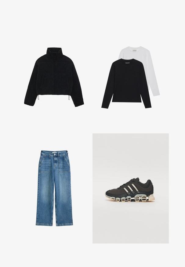 Crna krojena baršunasta jakna s visokim ovratnikom, kopčanjem na drukere i dva bočna džepa. Ima podesivu vezicu na rubu.; Dva dukserice s dugim rukavima: jedna crna i jedna bijela. Obje imaju okrugli izrez i glatku, rebrastu teksturu. Brend oznaka vidljiva unutar izreza.; Traperice s visokim strukom i širokim nogavicama u plavoj boji, s prednjim džepovima, petljama za remen, te prednjim kopčanjem na dugme i patentni zatvarač.; Crne atletske tenisice s teksturiranim gornjim dijelom, tri srebrne pruge i posebnim potplatom s višestrukim integriranim sekcijama.