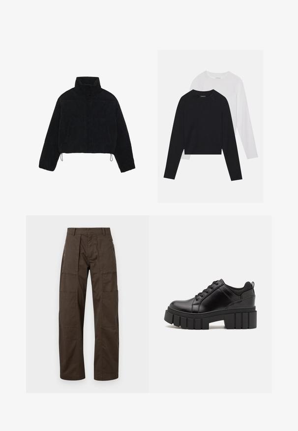 Chaqueta de pana negra cortada con un cuello alto, cierres a presión y dos bolsillos laterales. Presenta un cordón ajustable en el dobladillo.; Dos camisetas de manga larga: una negra y una blanca. Ambas cuentan con un cuello redondo, mangas raglán y una suave mezcla de algodón.; Pantalones cargo marrones hechos de una tela resistente, con múltiples bolsillos, un corte relajado y detalles de costura prominentes para mayor durabilidad.; Zapatos de plataforma de cuero negro con un tacón cuadrado grueso, punta redonda y diseño tradicional de cordones. Presenta una textura suave y un detalle minimalista.
