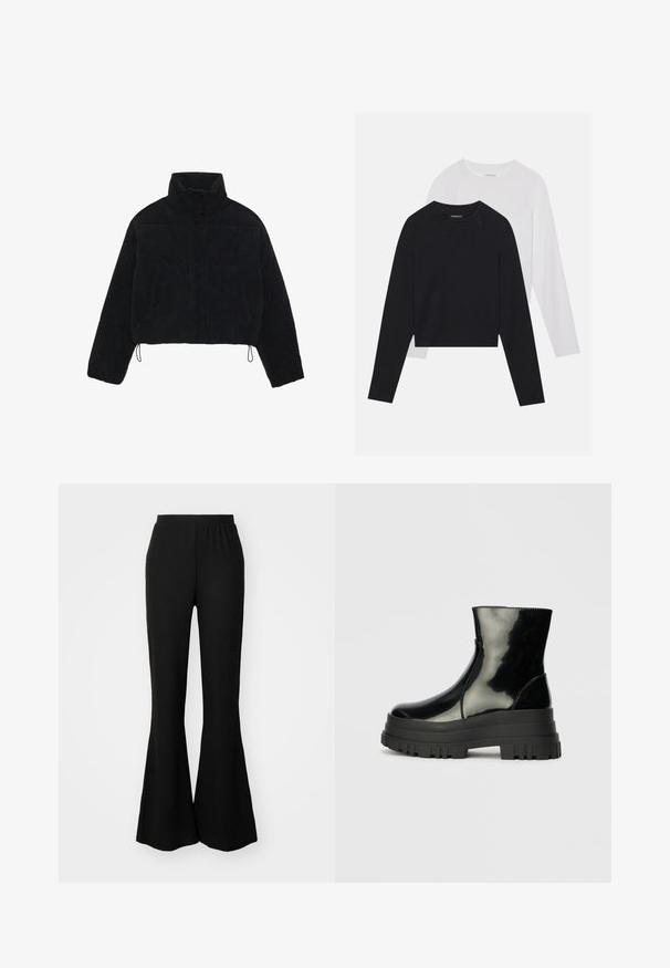 Fekete kordbársony cropped dzseki magas gallérral, patentgombokkal és két oldalsó zsebbel. Az alján állítható zsinór található.; Két hosszúujjú póló: az egyik fekete, a másik fehér. Mindkettő kerek nyakú, raglán ujjal és puha pamutkeverék anyaggal készült.; Fekete harangnadrág, elasztikus derékpánttal, texturált anyagból készült. A nadrág felső része testhez simuló, az alsó része pedig széles, áramló lábszárakkal rendelkezik.; Fekete fényes boka csizma vastag bordázott talppal és kerek orral, oldalnézet világos szürke háttér előtt.