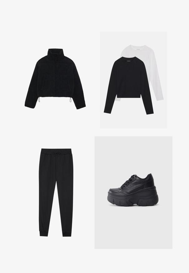 Sort fløjl cropped jakke med høj krave, trykknapper og to sidelommer. Har en justerbar snor i kanten.; To lange langærmede skjorter: en sort og en hvid. Begge har en rund halsudskæring, raglanærmer og et blødt bomuldsblandingsstof.; Sorte sweatpants lavet af blødt stof, med elastisk talje og snor, tapered ben og ribbede manchetter ved anklerne.; Sorte snørebåndssneakers med en kraftig sål, der har en glat læderoverdel, rund tå og et markant lagdelt plade-design.