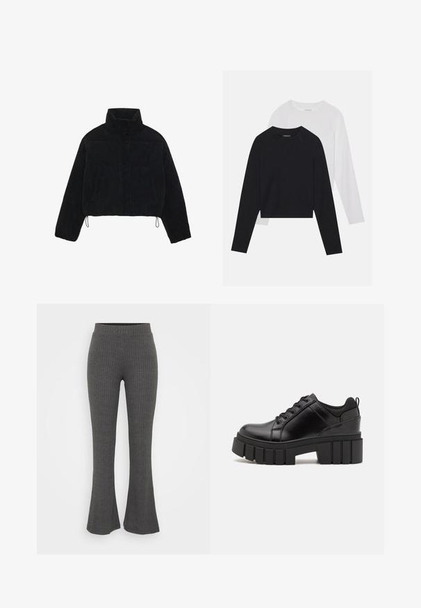 Juodas smailias trumpoji džinsinė striukė su aukštu apykakle, spaudėmis ir dviem šoninėmis kišenėmis. Yra reguliuojama virvutė prie hem.; Du dušo ilgomis rankovėmis marškiniai: vieni juodi, kiti balti. Abu marškiniai turi apvalų iškirpimą, raglan tipo rankoves ir minkštą medvilnės mišinio audinį.; Pilki juostuoti prailginti džinsai su aukštu juosmeniu. Dizainas pasižymi tekstūruotomis vertikaliomis juostelėmis ir laisvu siluetu apačioje.; Juodi odiniai platformos batai su masyviu blokuota kulniuku, apvalia nosimi ir tradiciniu šnypštimo dizainu. Turintys glotnų paviršių ir minimalų dekoravimą.