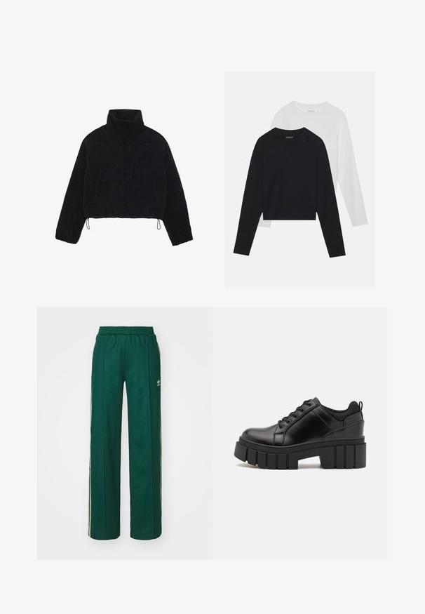Crna krojena baršunasta jakna s visokim ovratnikom, kopčanjem na drukere i dva bočna džepa. Ima podesivu vezicu na rubu.; Dvije majice dugih rukava: jedna crna i jedna bijela. Obje imaju okrugli izrez, raglan rukave i mekani pamuk korišten za izradu.; Tamne tamnozeleni atletski hlače s opuštenim krojem, s pojasom na vezanje, bočnim džepovima i krem trakama duž strana.; Crne kožne platforme s debelim blok-peta, okruglim prstima i klasičnim dizajnom vezanja. Imaju gladak tekstur i minimalne detalje.
