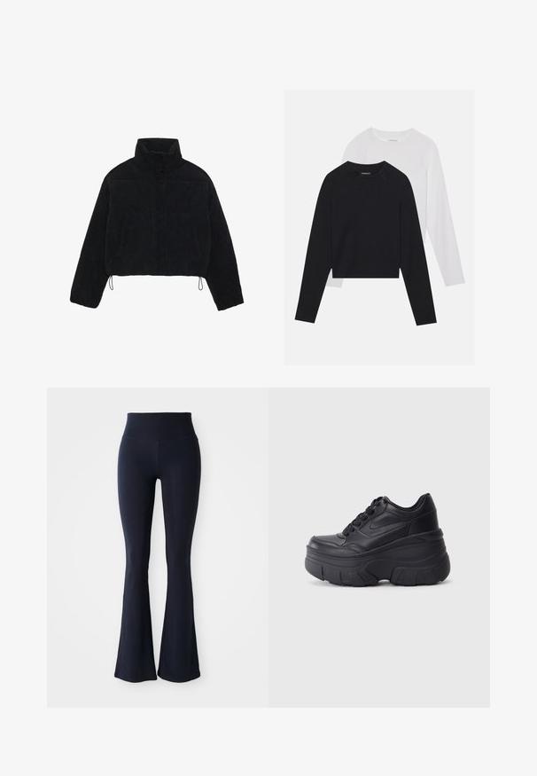 Casaco curto de veludo côr preto com colarinho alto, fechos de pressão e dois bolsos laterais. Apresenta um cordão ajustável na bainha.; Duas camisas de manga longa: uma preta e uma branca. Ambas apresentam um decote redondo, mangas raglan e um tecido macio em mistura de algodão.; Leggings azul-marinho em corte evasê, feitos de material elástico com cintura alta. Textura suave e cor sólida, sem padrões ou detalhes visíveis.; Ténis pretos com atacadores e sola robusta, apresentando um cabedal em couro liso, bico arredondado e um design de plataforma em camadas distinto.
