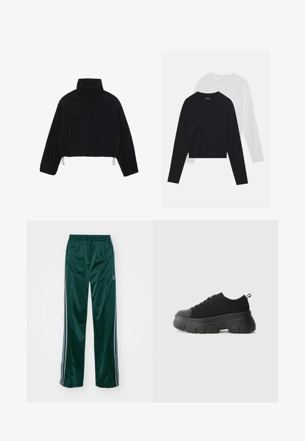 Juodas smailias trumpoji džinsinė striukė su aukštu apykakle, spaudėmis ir dviem šoninėmis kišenėmis. Yra reguliuojama virvutė prie hem.; Du dušo ilgomis rankovėmis marškiniai: vieni juodi, kiti balti. Abu marškiniai turi apvalų iškirpimą, raglan tipo rankoves ir minkštą medvilnės mišinio audinį.; Tamsiai žali sportiniai kelnės, pagamintos iš blizgaus audinio, su šoninėmis šviesiai pilkomis juostelėmis ir išsiuvinėtu logotipu kairėje kojoje.; Juodos sportinės bateliai su stambiu guminiais padu, tekstūrizuotu audinio viršumi, apvaliu pirštu ir raištelių uždarymu. Yra sutvirtinti akių angos ir nugaros kilputė.