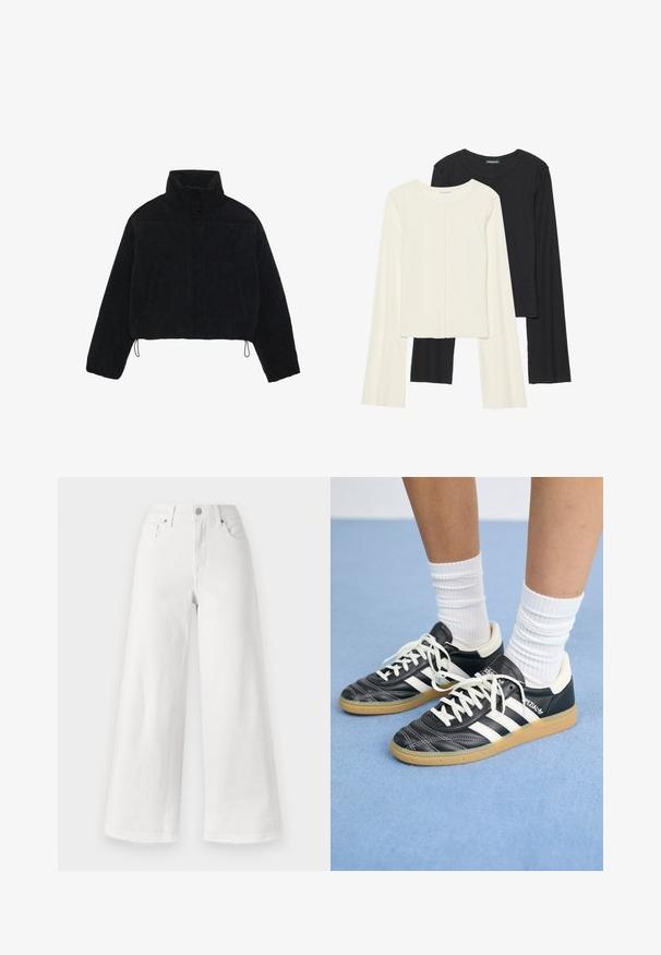 Melna korduroja īsa jaka ar augstu apkakli, spiedpogu aizdari un divām sānu kabatām. Iekļauts regulējams aukla apakšmalā.; Divu garo piedurkņu tops komplekts baltā un melnā krāsā. Ribota tekstūra, apaļš kakls, pieguļoša dizaina ar nedaudz izplestām piedurknēm.; Baltas platajās kājās izgatavotas džinsu bikses, kas ir ar augstu jostasvietu, četrām kabatām un neapstrādātu apakšmalu, nodrošinot tekstūru.; Melnas ādas sporta apavus ar baltām svītrām, apaļu purngalu, baltām auklām un gumijas zoli. Izceļas ar mīksto apkakli un zīmola detaļām.