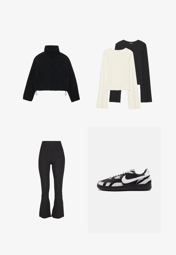 Zwarte corduroy cropped jas met een hoge kraag, drukknoopsluiting en twee zijzakken. Voorzien van een verstelbare trekkoord aan de zoom.; Set van twee longsleeve tops in wit en zwart. Geribbelde textuur, ronde hals, aansluitend ontwerp met licht uitlopende mouwen.; Zwarte flared leggings gemaakt van een rekbare, gladde stof. Hoge tailleband en splitten aan de onderkant van de benen kenmerken de extra ontwerpelementen.; Zwart-witte sneakers met een getextureerde bovenkant, voorzien van een opvallende witte Nike swoosh en een zwarte loopzool, vetersluiting en gemusterde accenten.