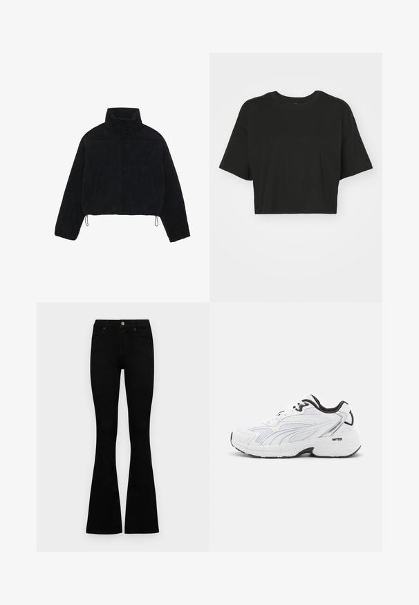 Schwarze Cordjacke mit Cropped-Schnitt, hohem Kragen, Druckknöpfen und zwei Seitentaschen. Verfügt über einen verstellbaren Kordelzug am Saum.; Schwarzes, kurzes T-Shirt aus weicher Baumwolle. Mit Rundhalsausschnitt, kurzen Ärmeln und einer lockeren Passform, ohne Muster oder Akzente.; Schwarze hochtaillierte Jeans mit einem Knopf- und Reißverschluss, Fronttaschen und ausgestellten Beinen, flach auf einem weißen Hintergrund ausgelegt.; Weißer Sport-Schuh mit einem Obermaterial aus Mesh, schwarzen Akzenten, strukturierten Einsätzen und einer gepolsterten Sohle für Komfort und Unterstützung.