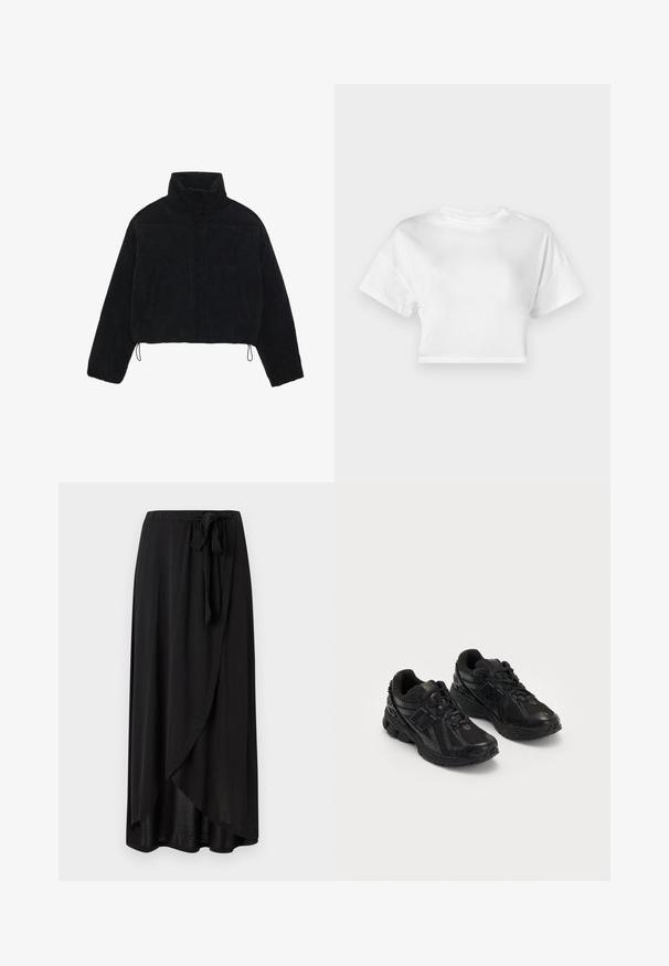 Veste cropped en velours côtelé noir avec un col haut, des boutons-pression et deux poches latérales. Dotée d'un cordon de serrage ajustable à l'ourlet.; T-shirt blanc court en coton. Manches courtes, col rond, texture lisse, design décontracté sans motifs ni embellissements.; Jupe maxi noire en tissu léger, dotée d'un design enroulé, d'un lien à la taille ajustable, et d'une silhouette fluide avec un ourlet arrondi.; Chaussures de sport noires en maille et en matériaux synthétiques. Elles disposent d'une semelle rembourrée, de motifs texturés et d'un logo en relief sur le côté.