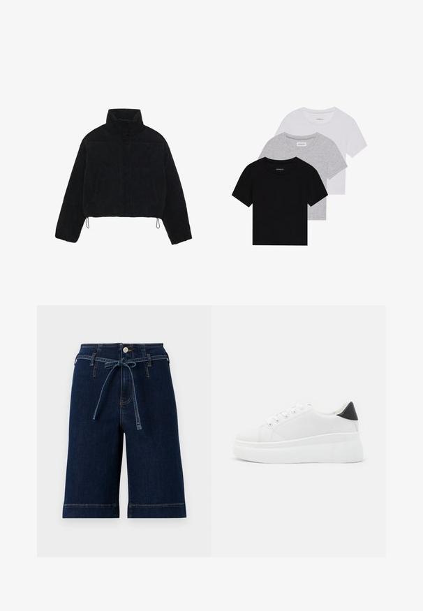 Μαύρο καμπαρντίνα cropped jacket με ψηλό γιακά, κλείσιμο με κουμπιά και δύο πλαϊνές τσέπες. Διαθέτει ρυθμιζόμενο κορδόνι στο στρίφωμα.; Σετ τριών κοντομάνικων μπλουζών σε μαύρο, γκρι και άσπρο. Κατασκευασμένες από βαμβάκι, διαθέτουν λαιμόκοψη και απλό, μονόχρωμο σχέδιο.; Σκούρα μπλε τζιν βερμούδες με ελαστική μέση και κορδόνι, με κανονικούς θηλιές ζώνης και εμφανείς λεπτομέρειες ραφής.; Λευκά πλατφόρμα αθλητικά παπούτσια κατασκευασμένα από λείο συνθετικό υλικό, με στρογγυλή μύτη, σχέδιο με κορδόνια και υφασμένη καουτσούκ σόλα. Μαύρη έγχρωμη λεπτομέρεια στη φτέρνα.