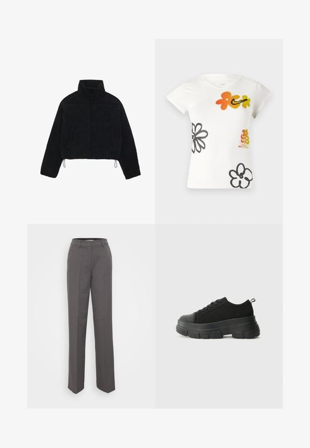 Melna korduroja īsa jaka ar augstu apkakli, spiedpogu aizdari un divām sānu kabatām. Iekļauts regulējams aukla apakšmalā.; Balta īsām piedurknēm t-kreklā ar krāsainiem ziedu rakstiem oranžā, dzeltenā un melnā krāsā. Izgatavots no maiga kokvilnas maisījuma ar V veida kakla izgriezumu.; Pelēki piegriezti bikses ar taisnu kāju dizainu, jostas cilpas un gludu auduma tekstūru. Nav redzamu rakstu vai rotājumu.; Melnas kedas ar masīvu gumijas zoli, teksturētu auduma augšdaļu, apaļu purngalu un saistīšanas dizainu. Iekļautas pastiprinātas acs atveres un aizmugurējais cilpiņas siksniņa.