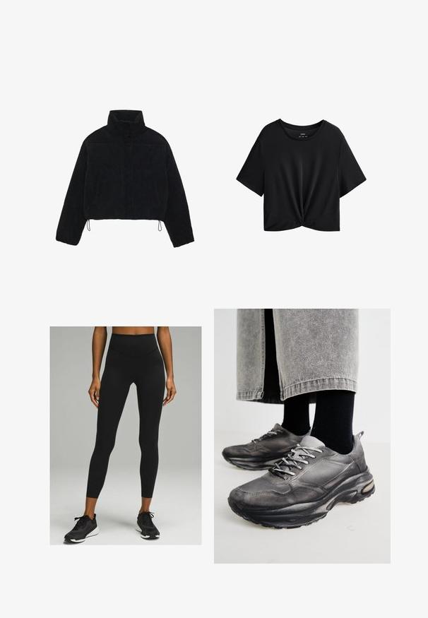 Sort fløjl cropped jakke med høj krave, trykknapper og to sidelommer. Har en justerbar snor i kanten.; Sort cropped t-shirt lavet af blødt stof, med en rund halsudskæring, korte ærmer og en knyttet detalje for neden.; Sorte højtaljede leggings med en glat tekstur og tætsiddende design, parret med sorte atletiske sko med en hvid sål.; Sorte og grå atletiske sko har en mesh-overdel, tykke såler og snørebånd. De har en afrundet tå og synligt dæmpningsdetalje.